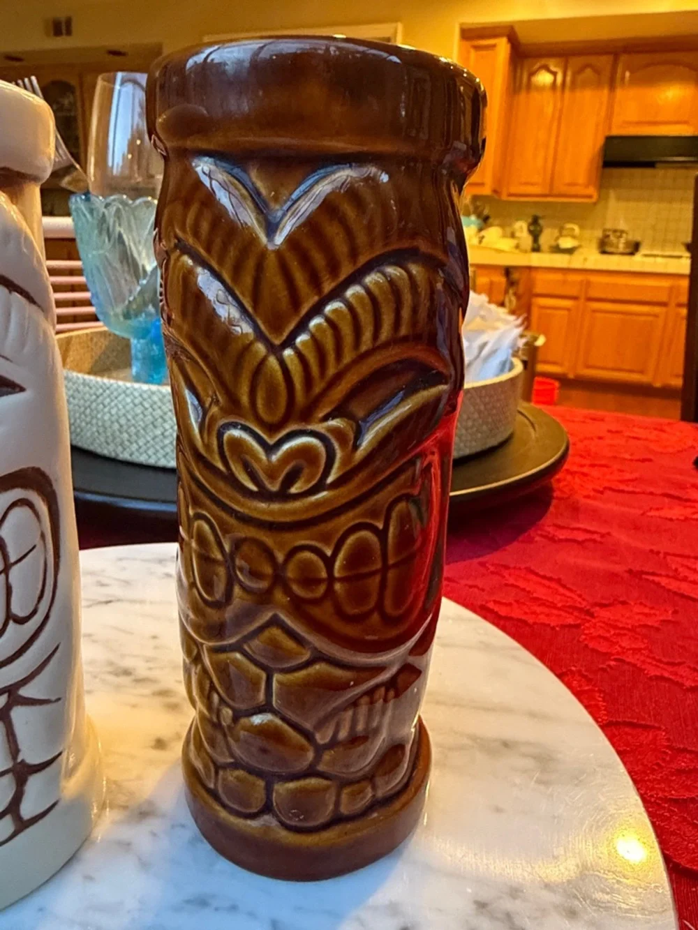 Ceramic Drew Brophy Tiki Mugs Set of 2 - Cream & Brown Bar Tumblers collectible